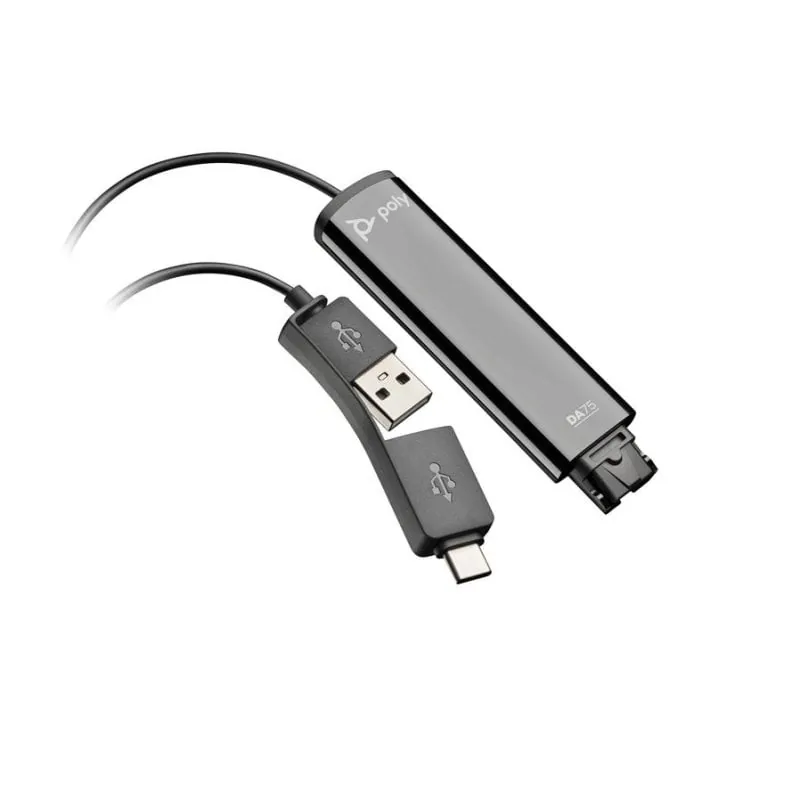 Adaptador Poly DA75 USB-A y USB-C para auriculares QD negro compatible con TAA 786C6AA