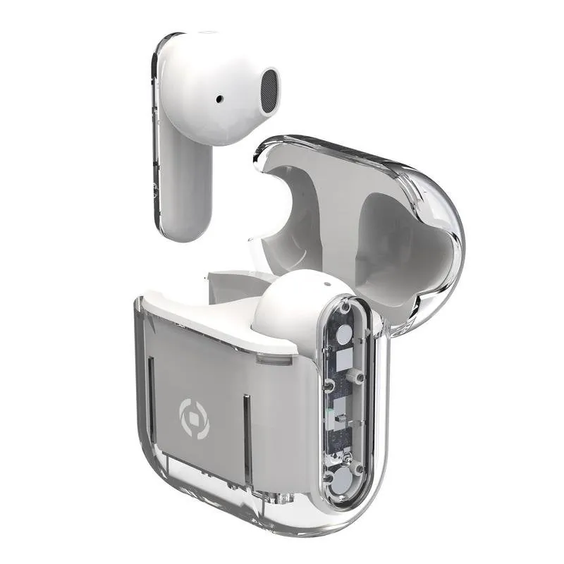 Auriculares Celly SHEER inalámbricos Bluetooth True Wireless, micrófono integrado y estuche de carga, diseño transparente y blanco SHEERWH