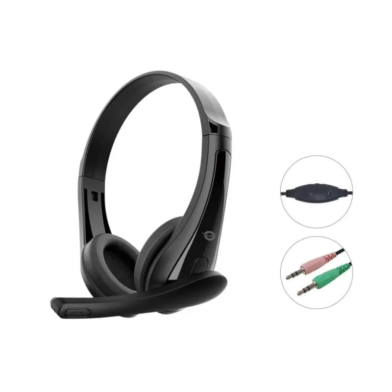 Auriculares Conceptronic POLONA06B3T con cable, doble jack 3,5 mm, micrófono con cancelación de ruido, control de volumen, uso oficina y llamadas, color negro POLONA06B3T