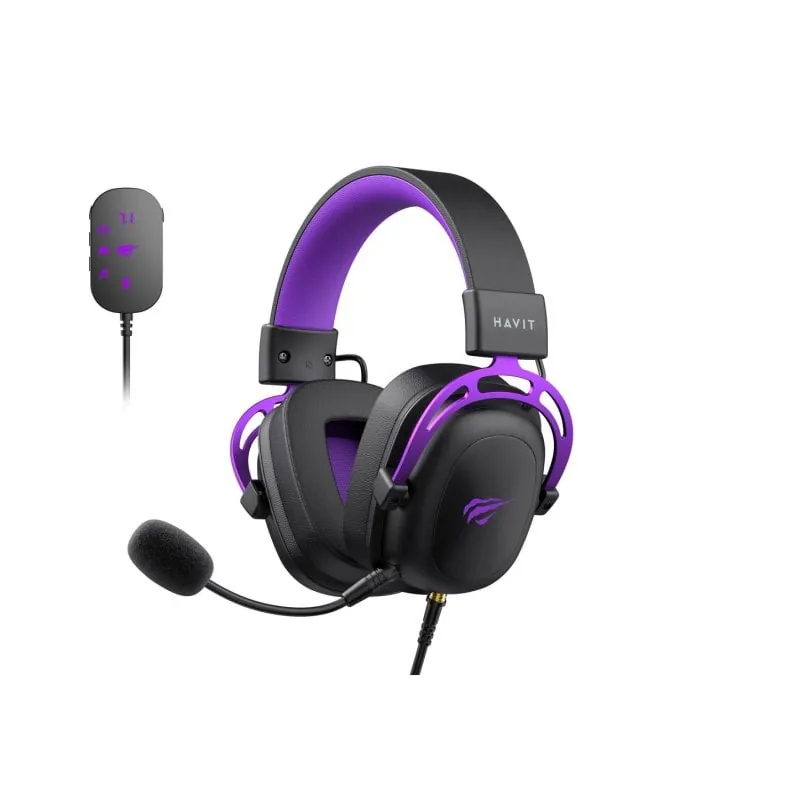 Auriculares Havit H2002C+U con cable Jack 3,5 mm para gaming y micrófono extraíble, negro/violeta H2002C+U