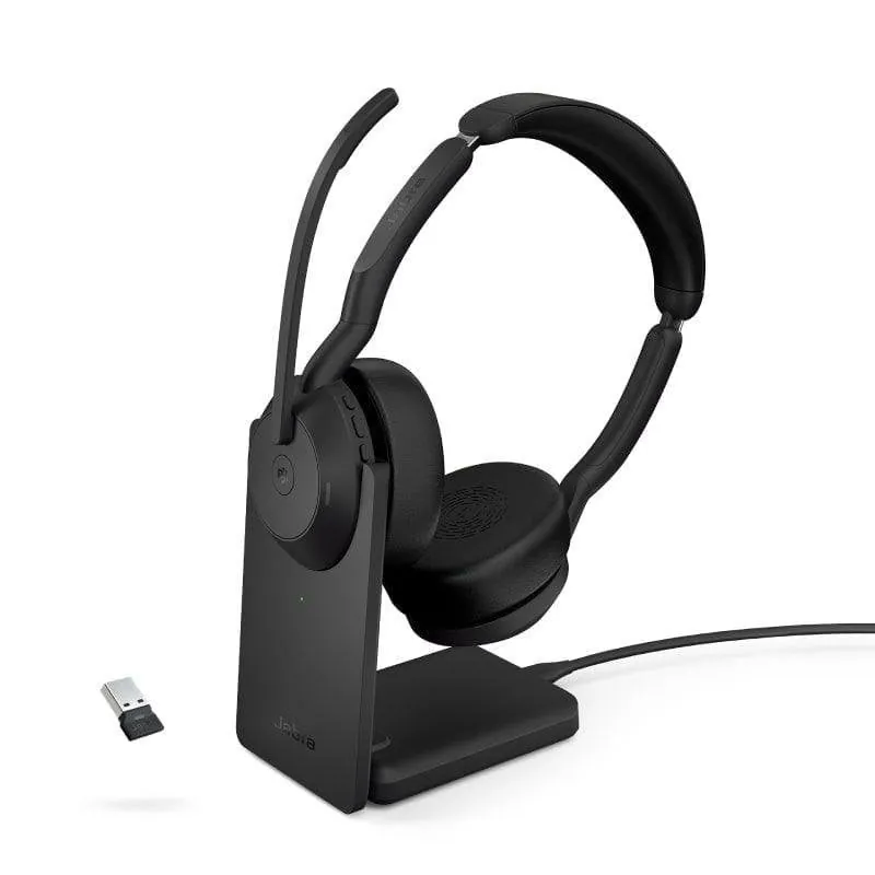 Auriculares Jabra Evolve2 55 inalámbricos Bluetooth con Cancelación Activa de Ruido, micrófono y base de carga, negro 25599-989-989