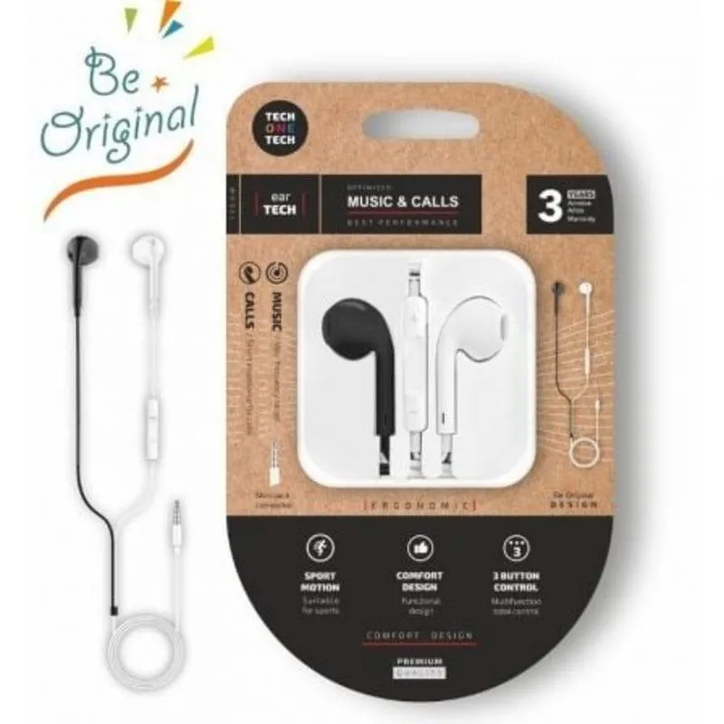 Auriculares Tech One Tech earTECH Be Original con cable Mini Jack 3.5 mm, micrófono y controles, blanco y negro TEC1011