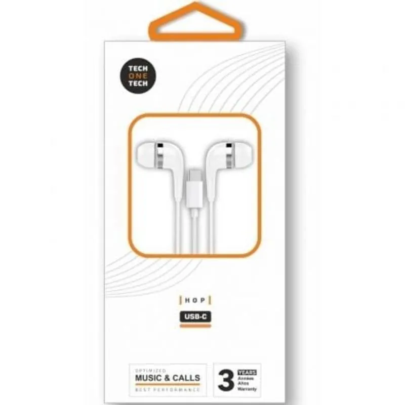 Auriculares Tech One Tech earTECH con cable USB-C para música y llamadas con micrófono, reducción de ruido y controles integrados blancos TEC1304