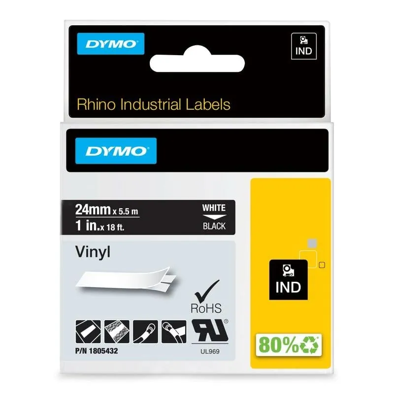 Cinta Vinilo DYMO Rhino 24 mm Blanco sobre Negro Resistente Exterior 1805432