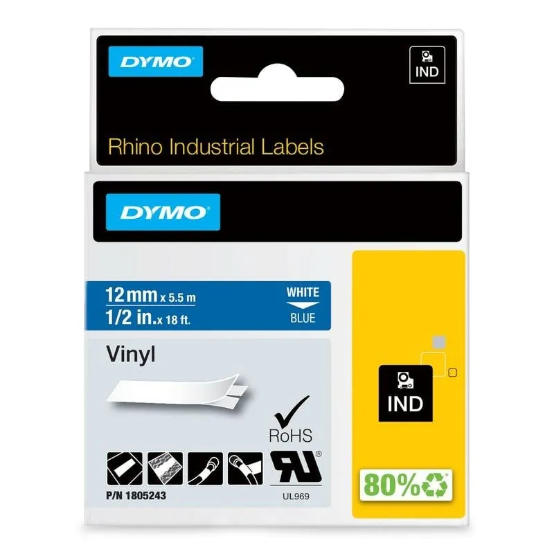 Etiquetas vinilo autoadhesivas DYMO Rhino 12 mm x 5,5 m blanco sobre azul 1805243