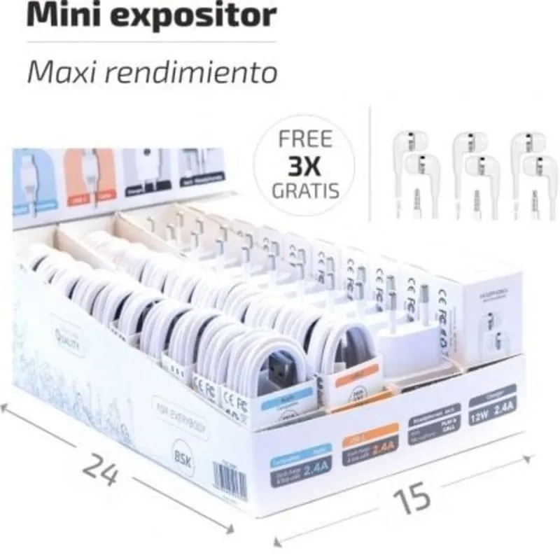 Expositor BSK Tech One con 10 cargadores USB-A, 20 cables Lightning y USB-C, 13 auriculares con micrófono blancos TEC2991