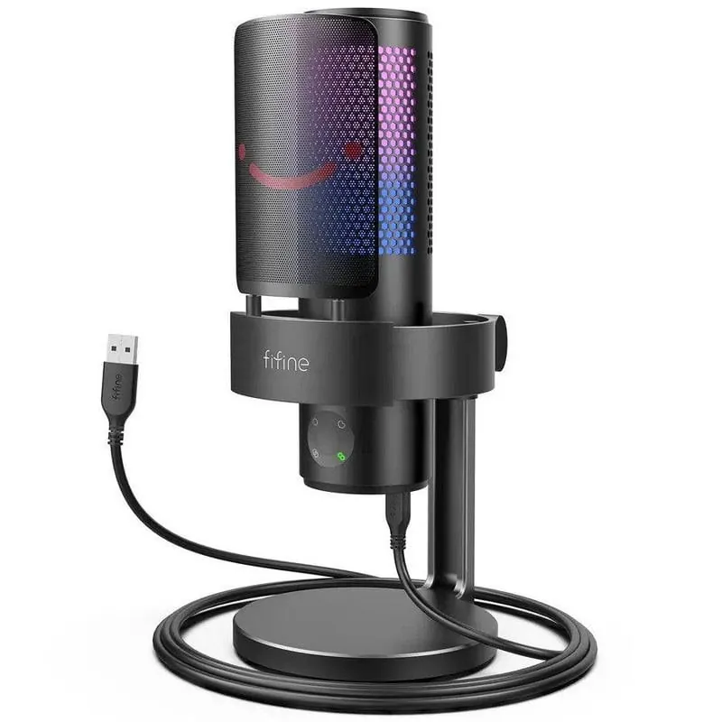 Fifine A9 Micrófono de Condensador con Base, Soporte Antigolpes y Filtro Antipop RGB USB-C Negro A9