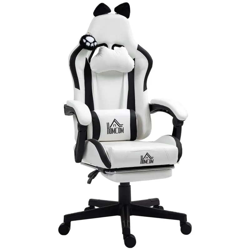 Homcom Silla Gaming Con Orejas Altura Ajustable Reposapiés Retráctil Blanco 921-794V00WT