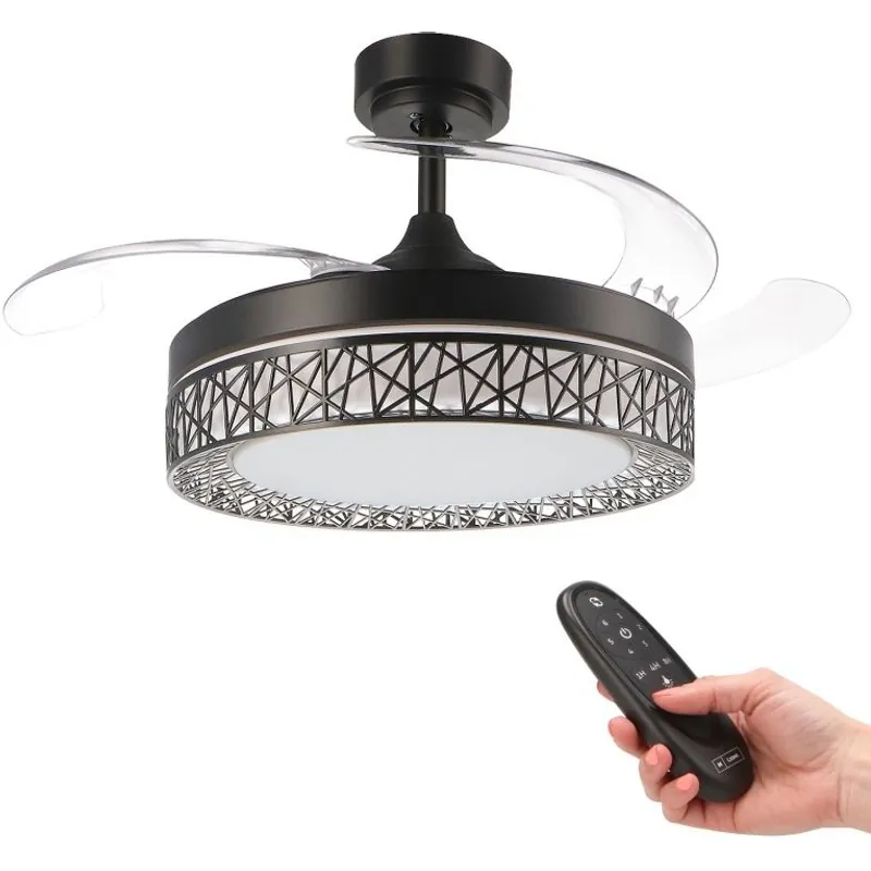 IluminaShop Ventilador de Techo LED Negro 36W DC Ultra Silencioso con Mando y Palas Retractiles 307948