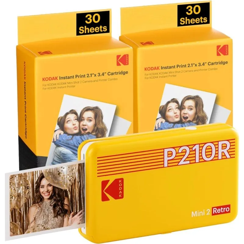 Kodak Mini 2 Retro P210R Impresora Fotográfica Bluetooth Amarilla + Papel 60 Fotos P210RYK60
