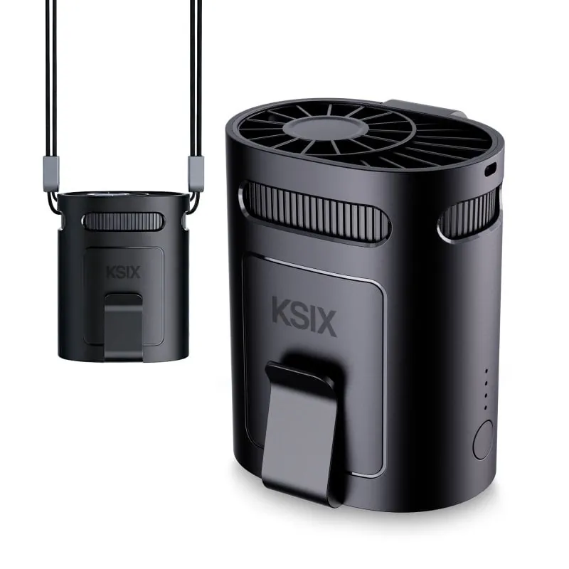 Ksix Airgo Belt Ventilador Portátil Multiposición, 4 Vel, Colgante, Doble Clip, Usb-c, Vel. Aire 8,8 M/s, 13.000 Rpm, Negro BVENTGO04