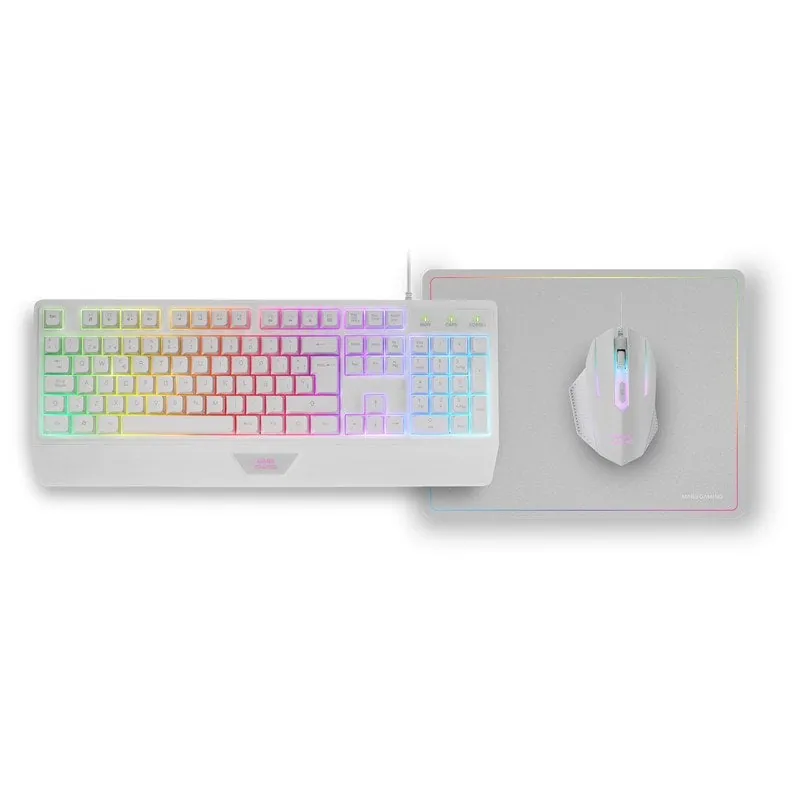 Mars Gaming MCP124 Combo 3 en1 Teclado LED RGB + Ratón RGB 3200 DPI + Alfombrilla, Español, Blanco MCP124WES