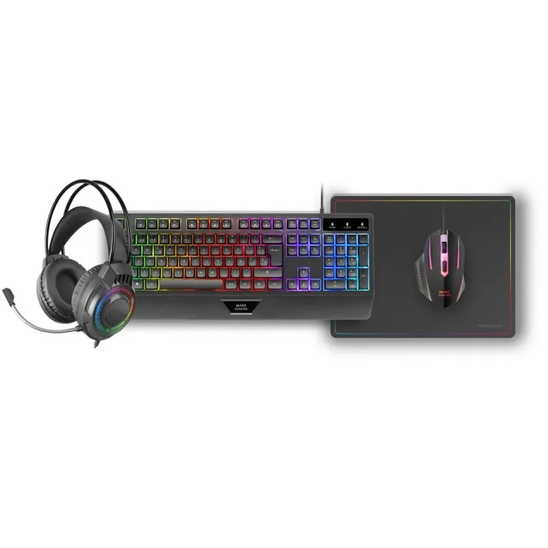 Mars Gaming MCP124PRO Combo RGB 4en1 Teclado H-Mech Ratón Auriculares Alfombrilla Español Negro MCP124PROES