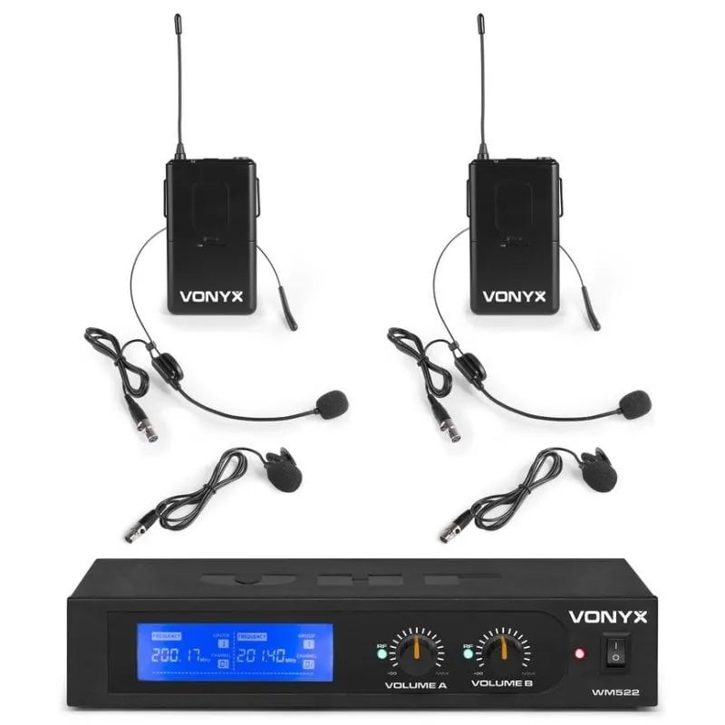 Micrófono Vonyx WM522B inalámbrico VHF diadema y solapa doble canal 179.235