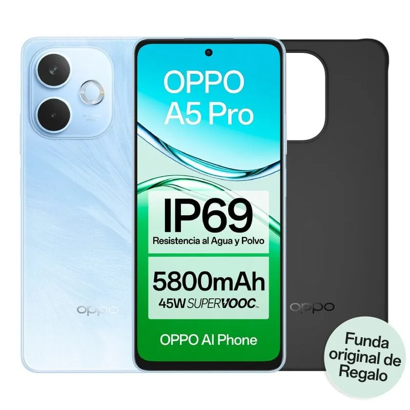 OPPO A5 Pro 4G Smartphone con IA 6.67" 90Hz 8GB/256GB 50MP IP69 5800mAh 45W Funda Incluida Azul 110010348164B