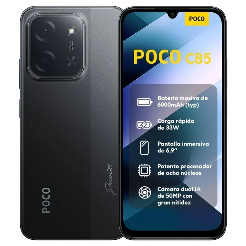 POCO C85 6GB 128GB 6.9" 120Hz 4G Dual SIM Batería 6000mAh Android 15 Negro 25078PC3EG