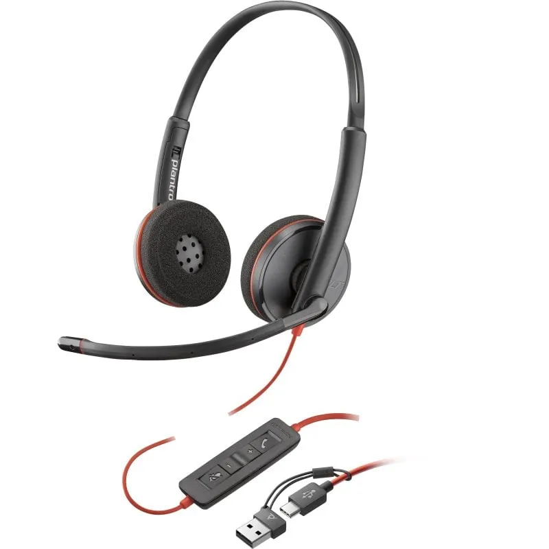 Poly Blackwire 3220 Auriculares Estéreo USB-C Negros + Adaptador de USB-C a USB-A 8X228AA
