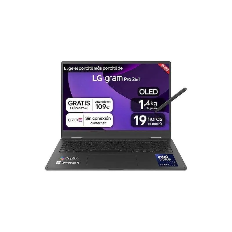 Portátil LG Gram Pro 2-en-1 16T90TP-K 16" Intel Core Ultra 7 32GB 1TB SSD OLED Touch Stylus 16T90TP-K.AD88B