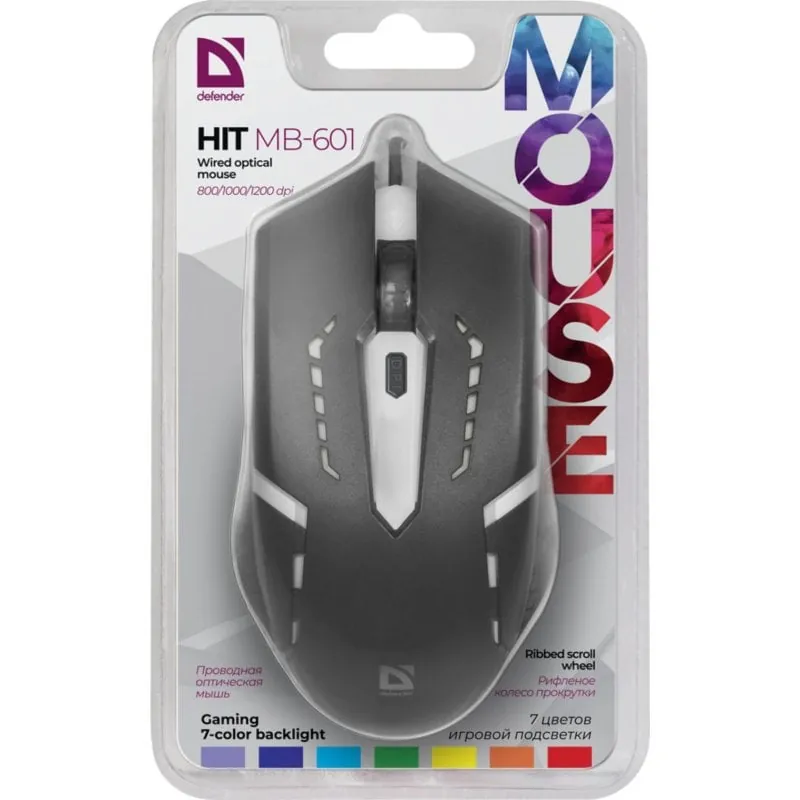 Ratón Defender HIT MB-601 USB 1200DPI Negro RGB Ambidiestro 4 Botones 52601