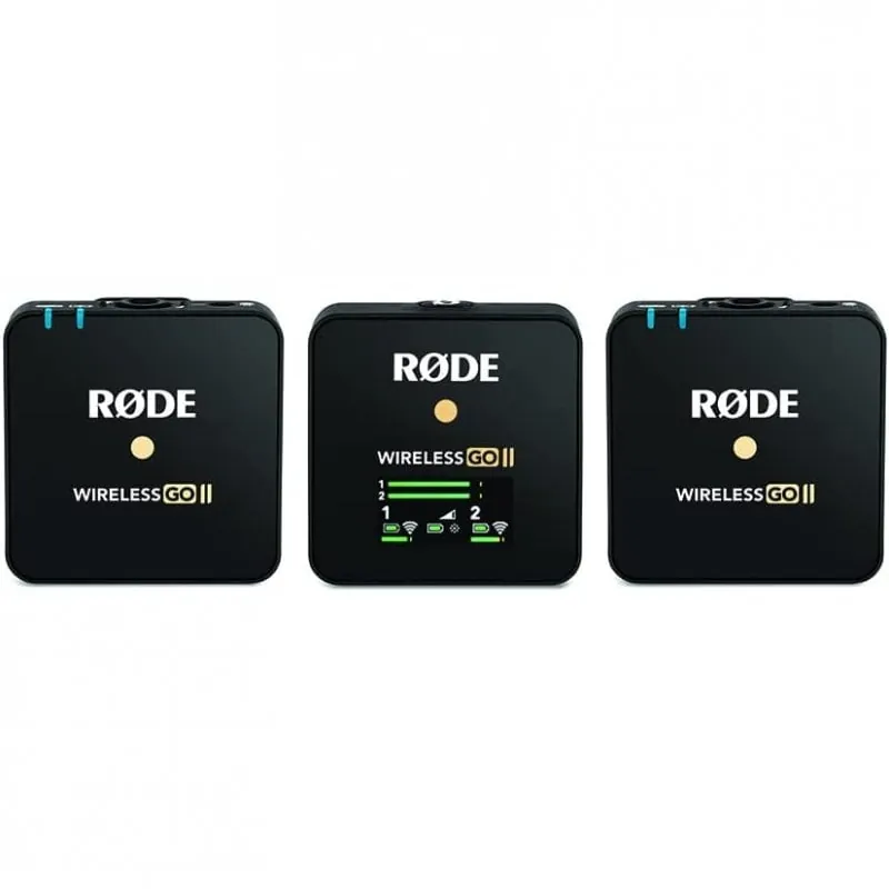 Rode Wireless Go II Transmisor Doble Sistema de Micrófono Inalámbrico Dos Canales con Micrófono Incorporado WIGO-II