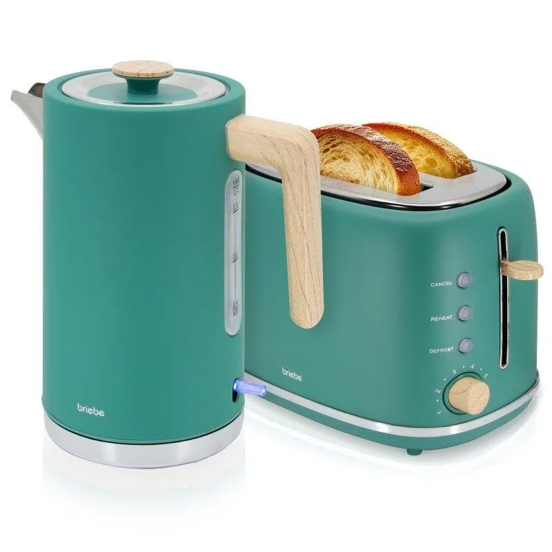 Set de desayuno Briebe SKT1167GRE Nordic tostadora 2 rebanadas y hervidor 1,7L verde mate 804032