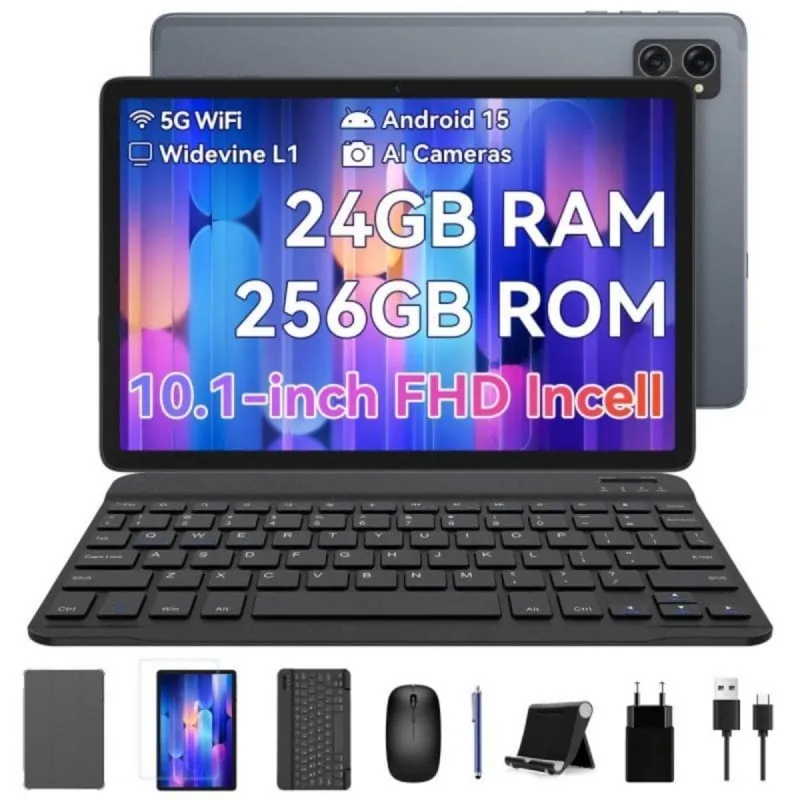 Tablet KINGRID T20 10.1" 256GB WiFi 5000 mAh Android 15 con teclado Gris T20(8+256)K-GREY