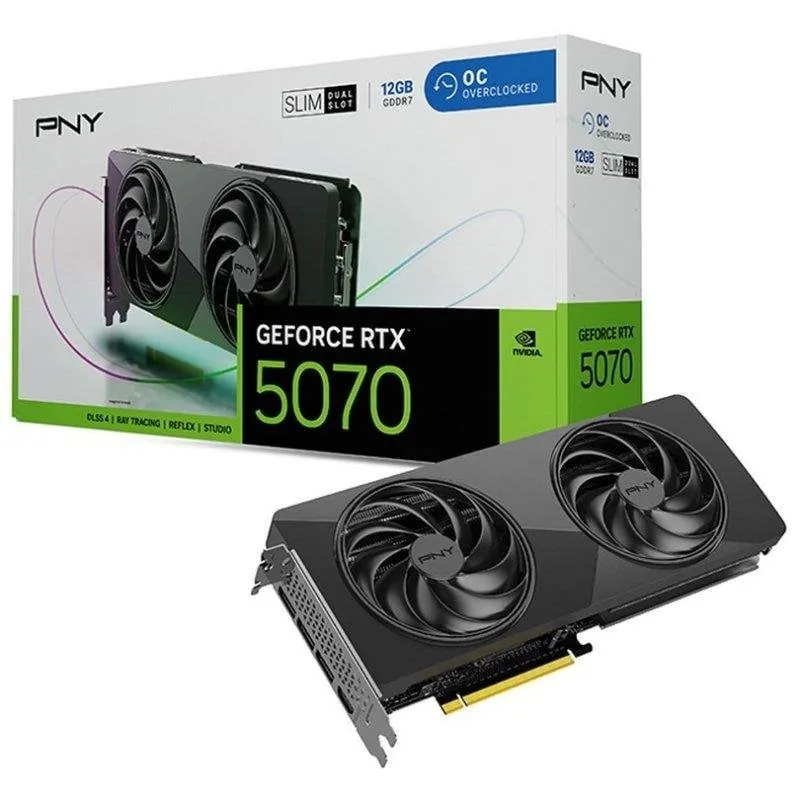 Tarjeta Gráfica PNY GeForce RTX 5070 Dual-Fan Slim OC 12GB GDDR7 Reflex 2 RTX AI DLSS4 VCG507012DFSXPB1-O