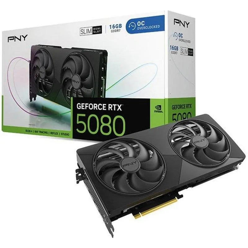 Tarjeta Gráfica PNY GeForce RTX 5080 Dual-Fan Slim OC 16GB GDDR7 Reflex 2 RTX AI DLSS4 VCG508016DFSXPB1-O