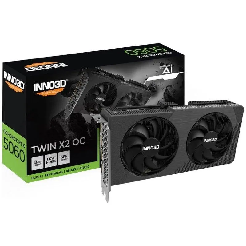 Tarjeta Grafica Inno3D GeForce RTX 5060 Twin X2 OC V2 8GB GDDR7 Reflex 2 RTX AI DLSS4 N50602-08D7X-195071N