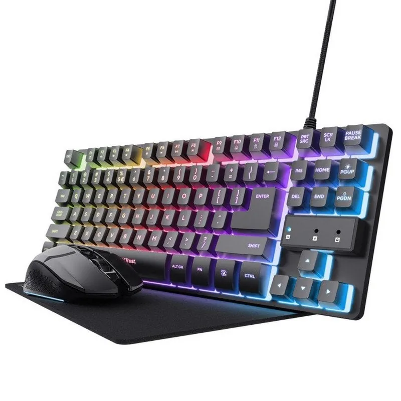 Trust GXT 794 Pack Gaming Teclado TKL RGB Negro + Ratón Inalámbrico RGB Negro + Alfombrilla Negra 25227